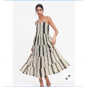 Zara Black & Tan Woven Sleeveless Tiered Midi Dress Beach Fall Size M